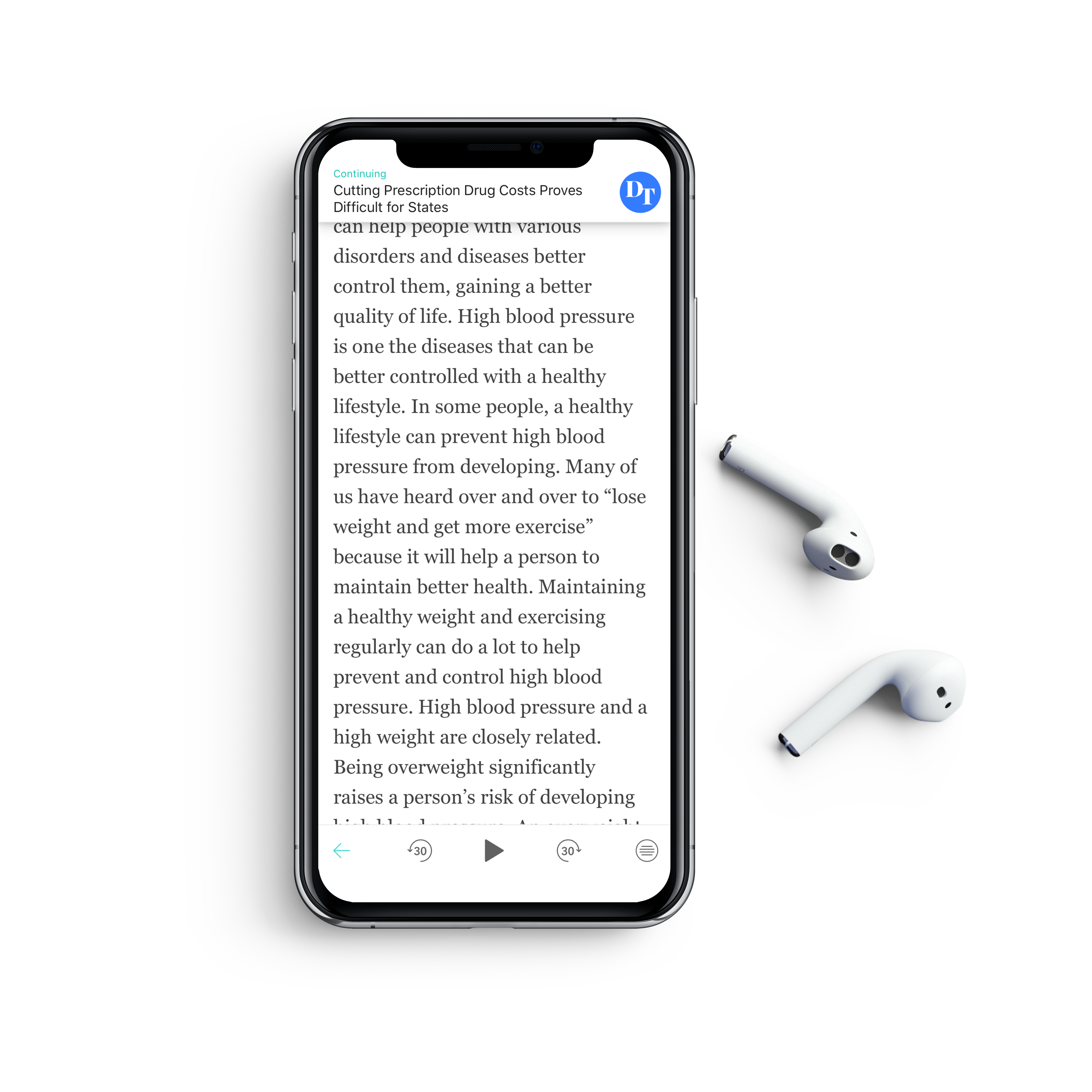 A phone and pair of ear buds shows the ability to listen to any article ad-free with Scroll.