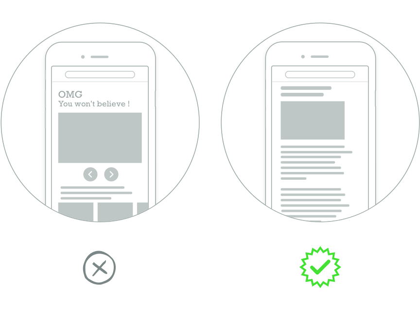 Drawings of two phones, one with a large top-page ad that says: "OMG You won't believe! The other shows a clean reading experience with Scroll.