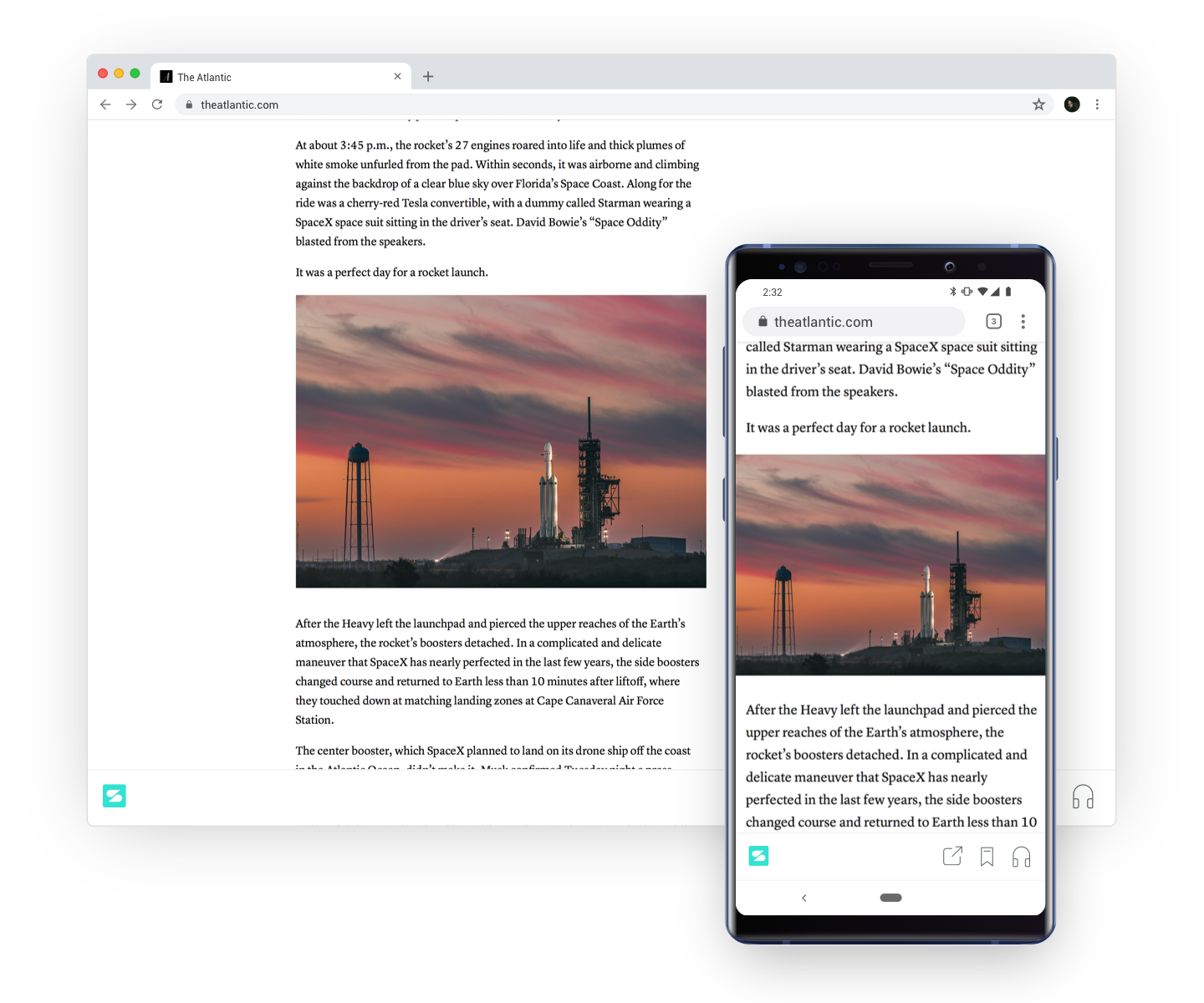 A desktop and phone show the same article, with the reading place saved by Scroll technology.
